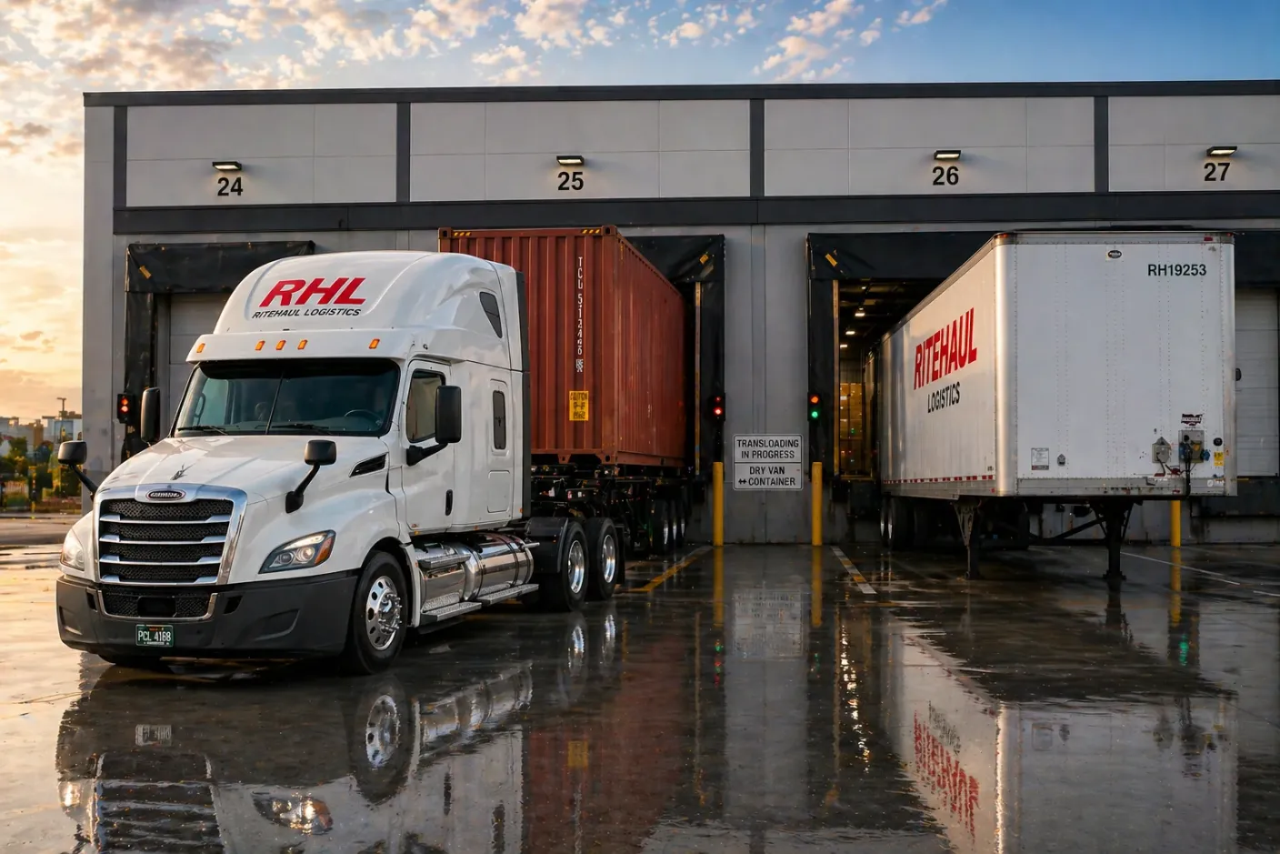 A Ritehaul tractor at warehouse dock doors with a red intermodal ocean container and a Ritehaul dry van being loaded