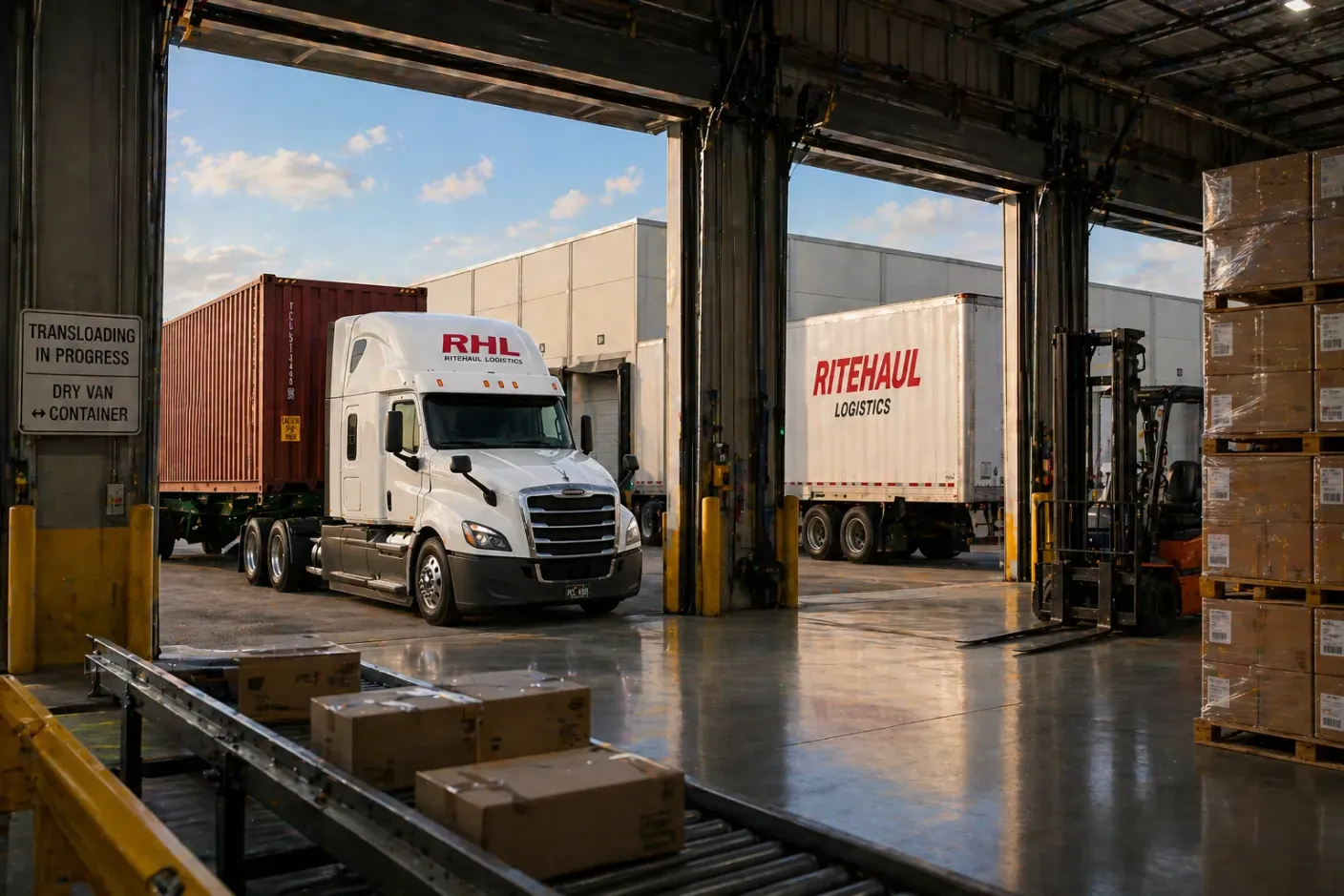 RHL tractor and white Ritehaul Logistics trailer at a transloading dock with stacked pallets, a forklift, and boxes on a roller conveyor